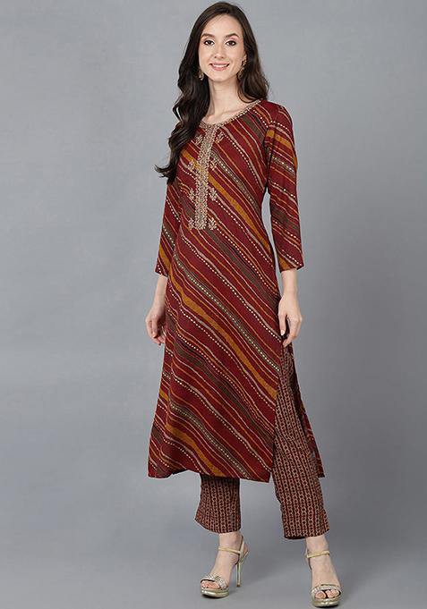 Red Printed Cotton Blend Kurta