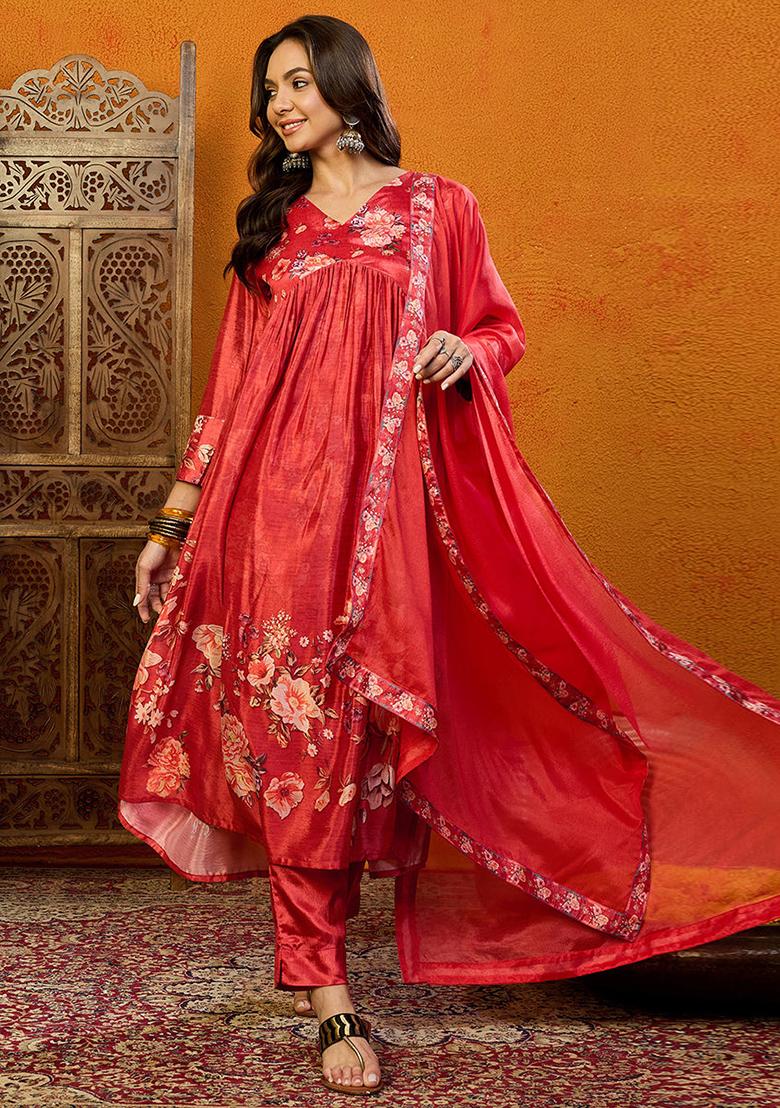 Red Printed Silk Blend Kurta Set