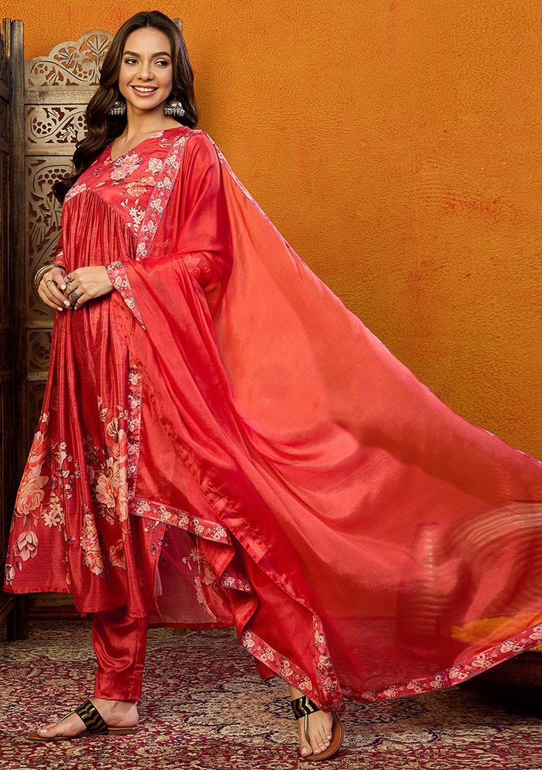 Red Printed Silk Blend Kurta Set