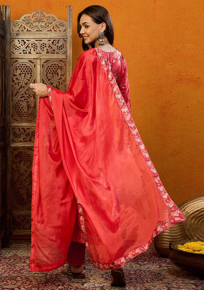 Red Printed Silk Blend Kurta Set