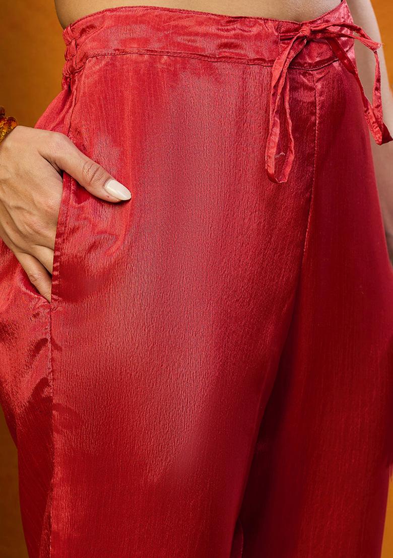 Red Printed Silk Blend Kurta Set