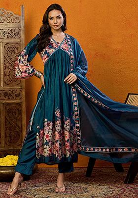 Blue Printed Silk Blend Kurta Set
