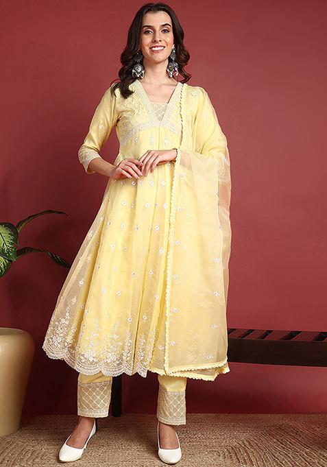 Yellow Chikankari Organza Anarkali Set — view on Indya