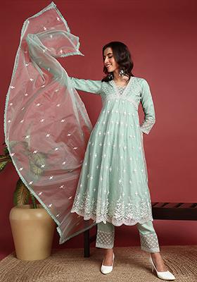 Sea Green Embroidered Organza Anarkali Set