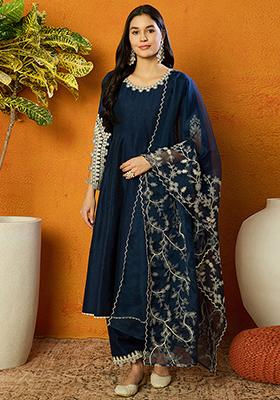 Blue Embroidered Silk Blend Kurta Set
