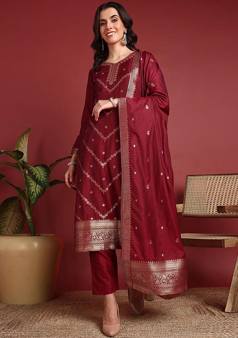Maroon Woven Silk Blend Kurta Set