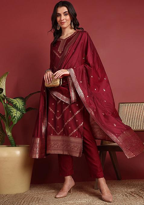 Maroon Woven Silk Blend Kurta Set