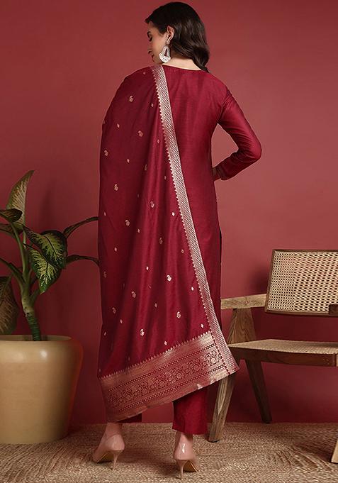 Maroon Woven Silk Blend Kurta Set