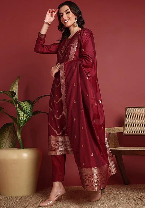 Maroon Woven Silk Blend Kurta Set