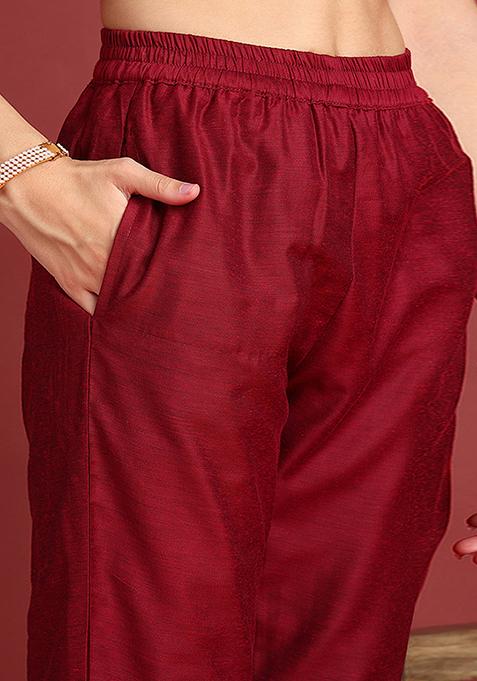 Maroon Woven Silk Blend Kurta Set