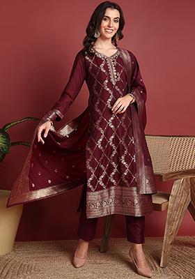 Burgundy Woven Silk Blend Kurta Set