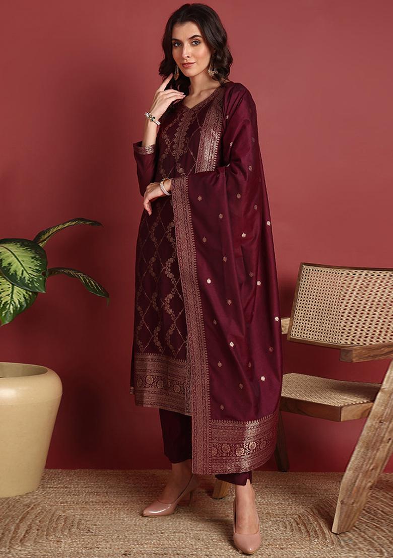 Burgundy Woven Silk Blend Kurta Set