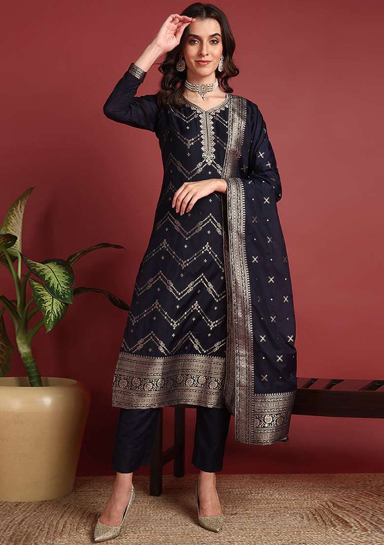 Navy Blue Embroidered Silk Blend Straight Kurta Set - Indya