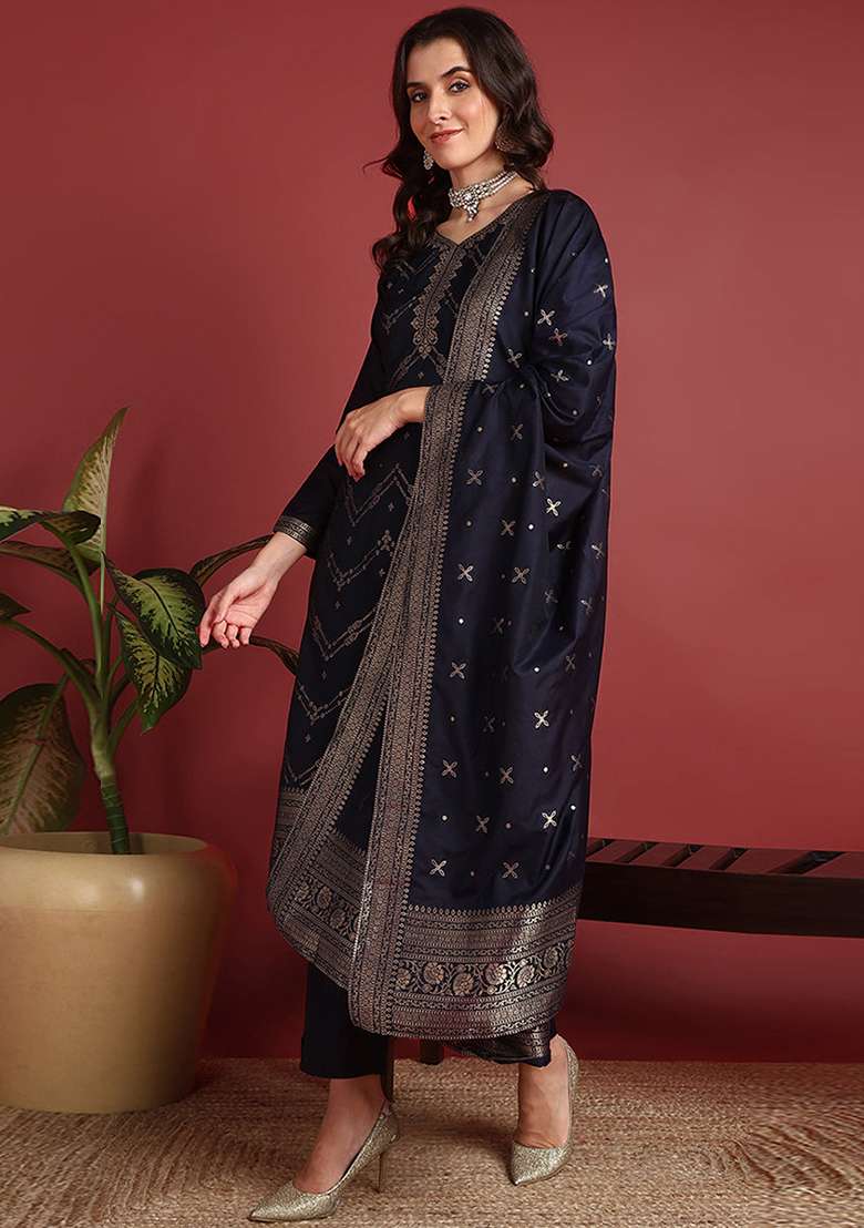 Navy Blue Embroidered Silk Blend Straight Kurta Set - Indya