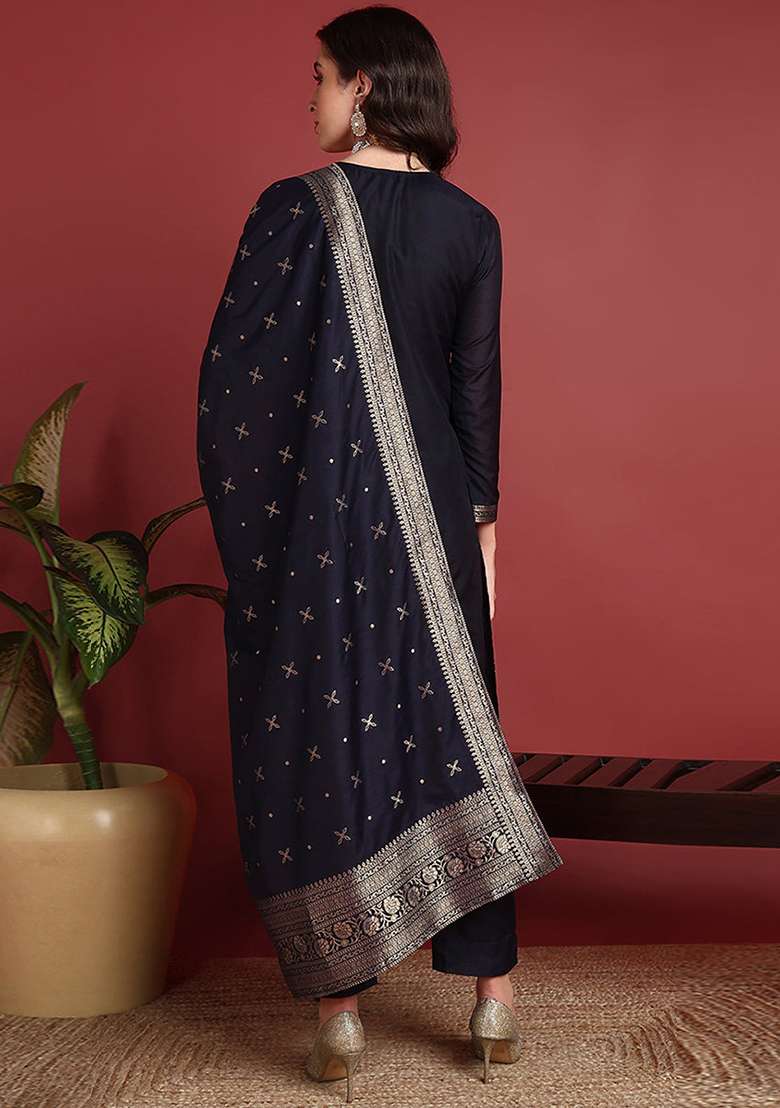 Navy Blue Embroidered Silk Blend Straight Kurta Set - Indya