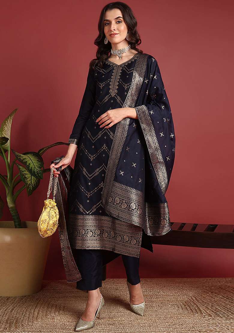 Navy Blue Embroidered Silk Blend Straight Kurta Set - Indya