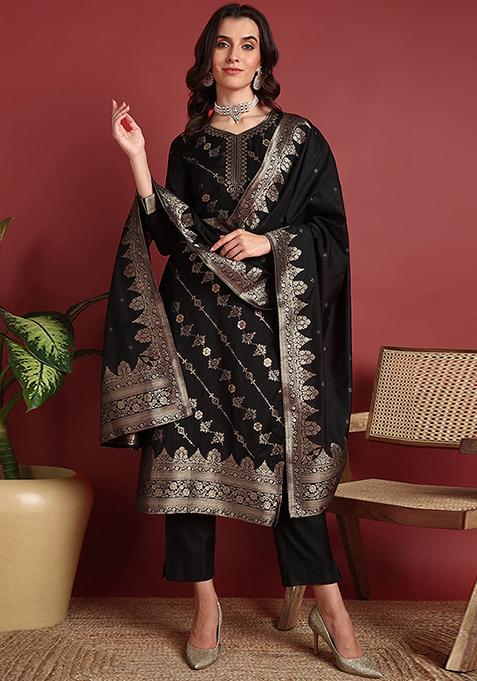 Black Woven Silk Blend Kurta Set