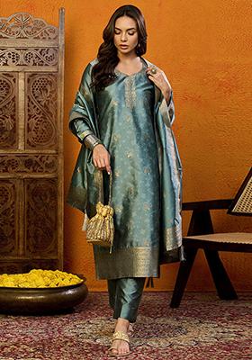 Teal Woven Silk Blend Kurta Set