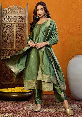 Green Woven Silk Blend Kurta Set