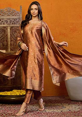 Brown Woven Silk Blend Kurta Set