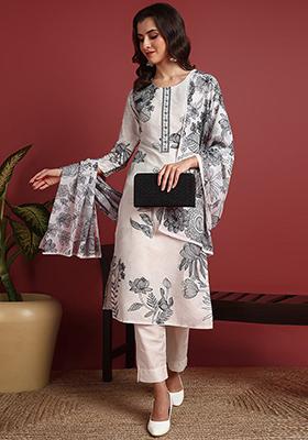 Off White Printed Silk Blend Kurta Set