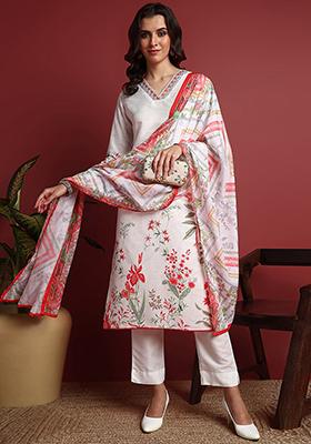 White Printed Cotton Blend Kurta Set