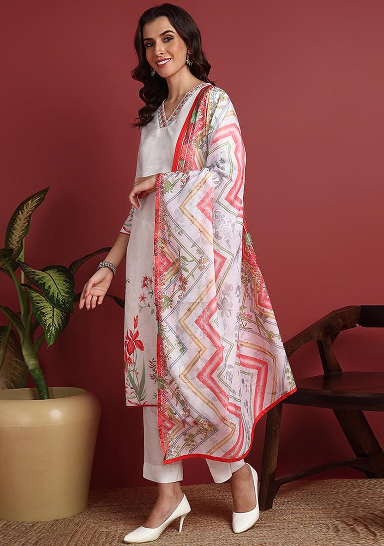 White Printed Cotton Blend Kurta Set