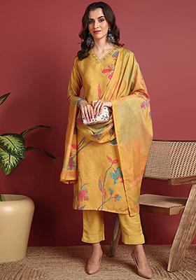 Mustard Yellow Printed Silk Blend Kurta Set