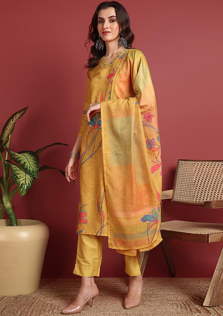 Mustard Yellow Printed Silk Blend Kurta Set