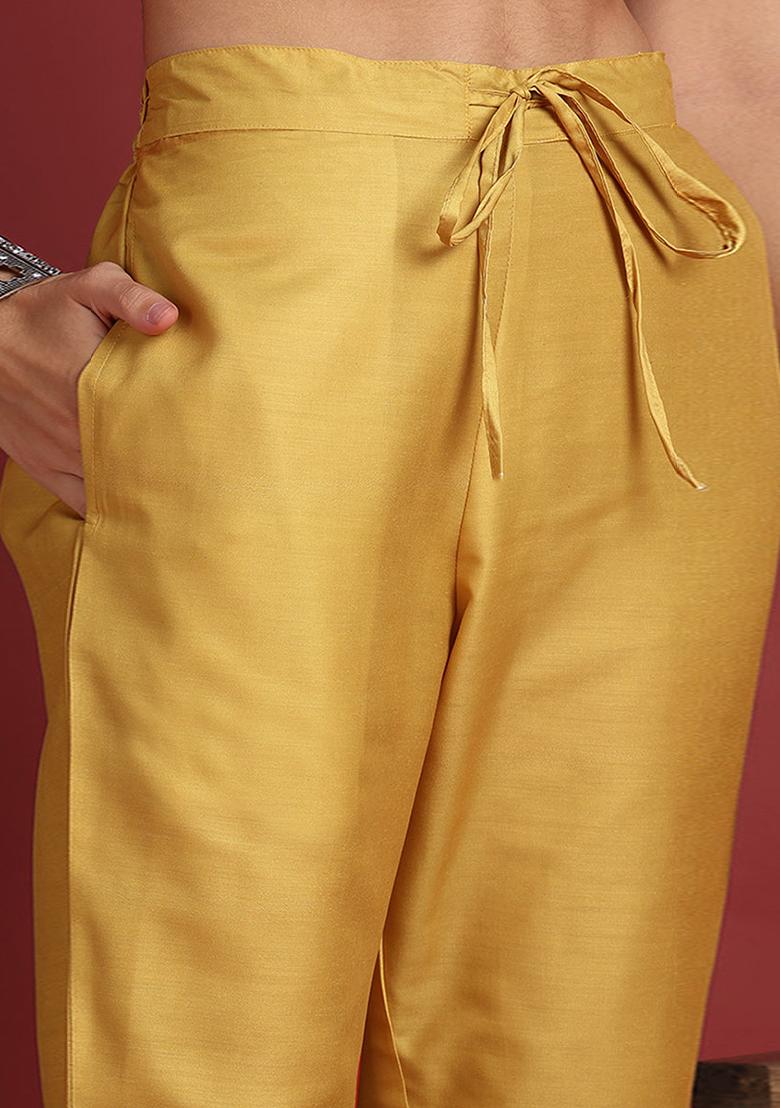 Mustard Yellow Printed Silk Blend Kurta Set