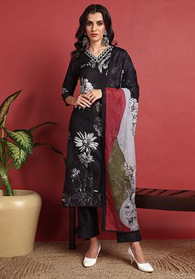Black Printed Silk Blend Kurta Set