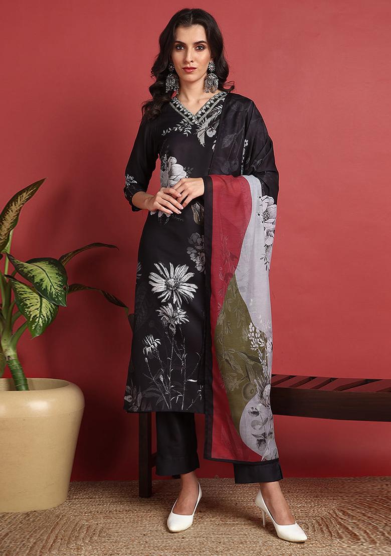 Black Printed Silk Blend Kurta Set
