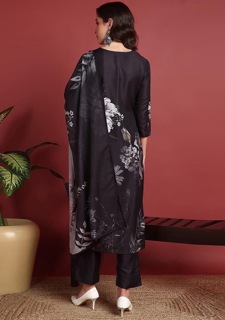 Black Printed Silk Blend Kurta Set