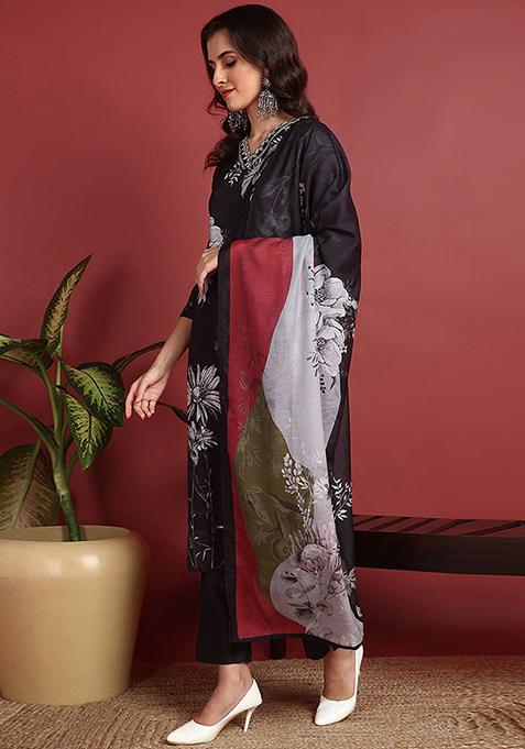 Black Printed Silk Blend Kurta Set