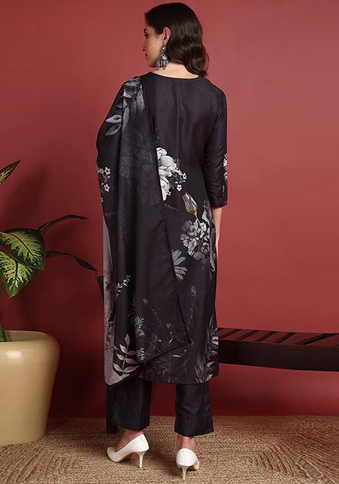 Black Printed Silk Blend Kurta Set