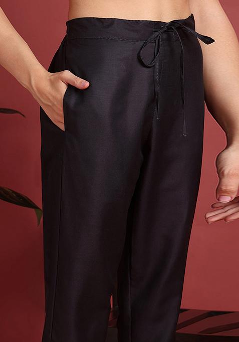 Black Printed Silk Blend Kurta Set