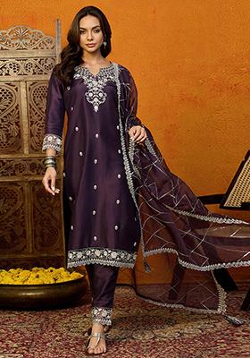 Purple Embroidered Silk Blend Kurta Set