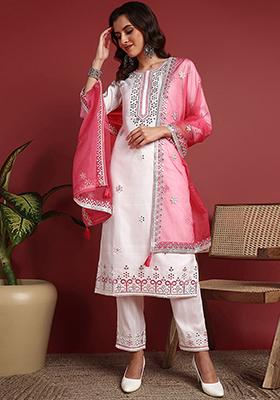 White Embroidered Silk Blend Kurta Set