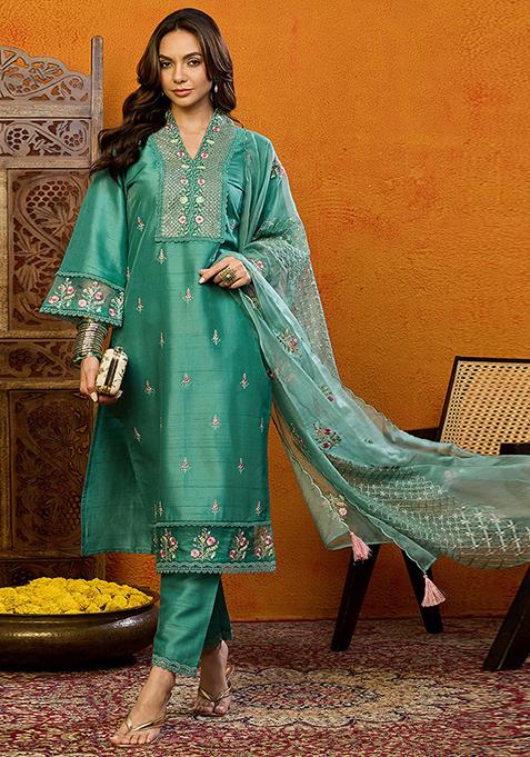 Teal Embroidered Silk Blend Kurta Set