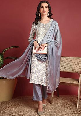 Grey Embroidered Viscose Rayon Kurta Set