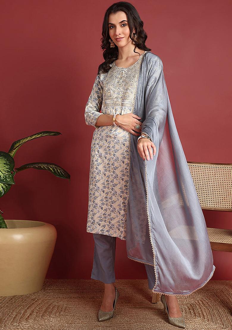 Grey Embroidered Viscose Rayon Kurta Set