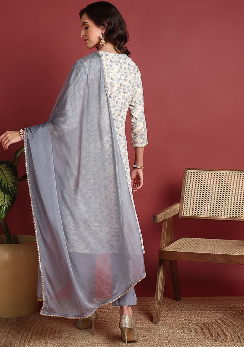 Grey Embroidered Viscose Rayon Kurta Set