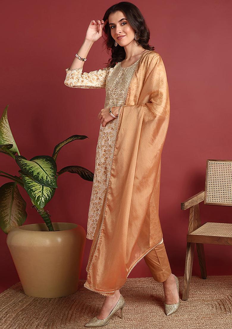 Brown Embroidered Viscose Rayon Kurta Set
