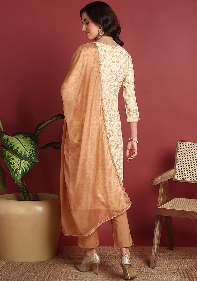 Brown Embroidered Viscose Rayon Kurta Set