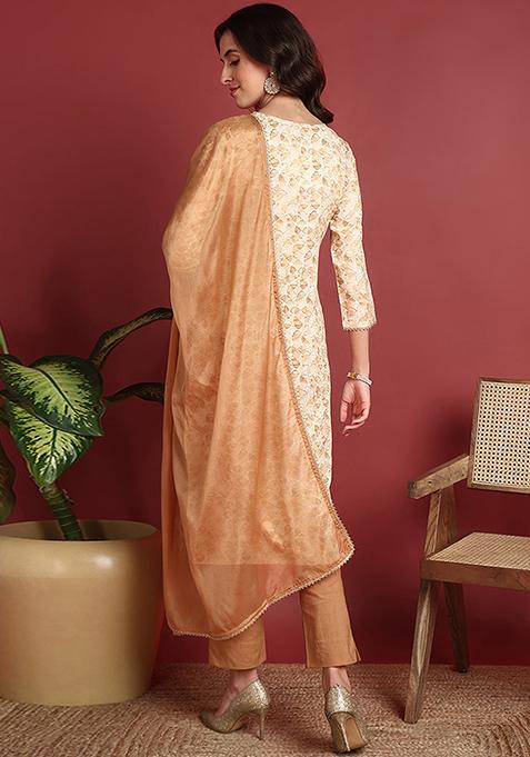 Brown Embroidered Viscose Rayon Kurta Set