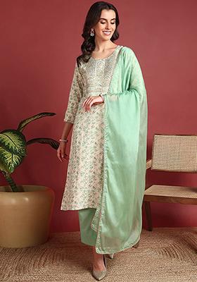 Green Embroidered Viscose Rayon Kurta Set