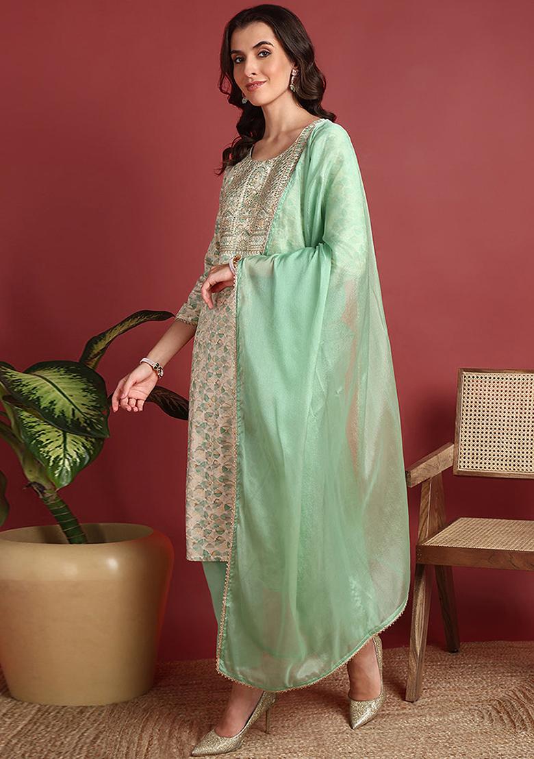 Green Embroidered Viscose Rayon Kurta Set