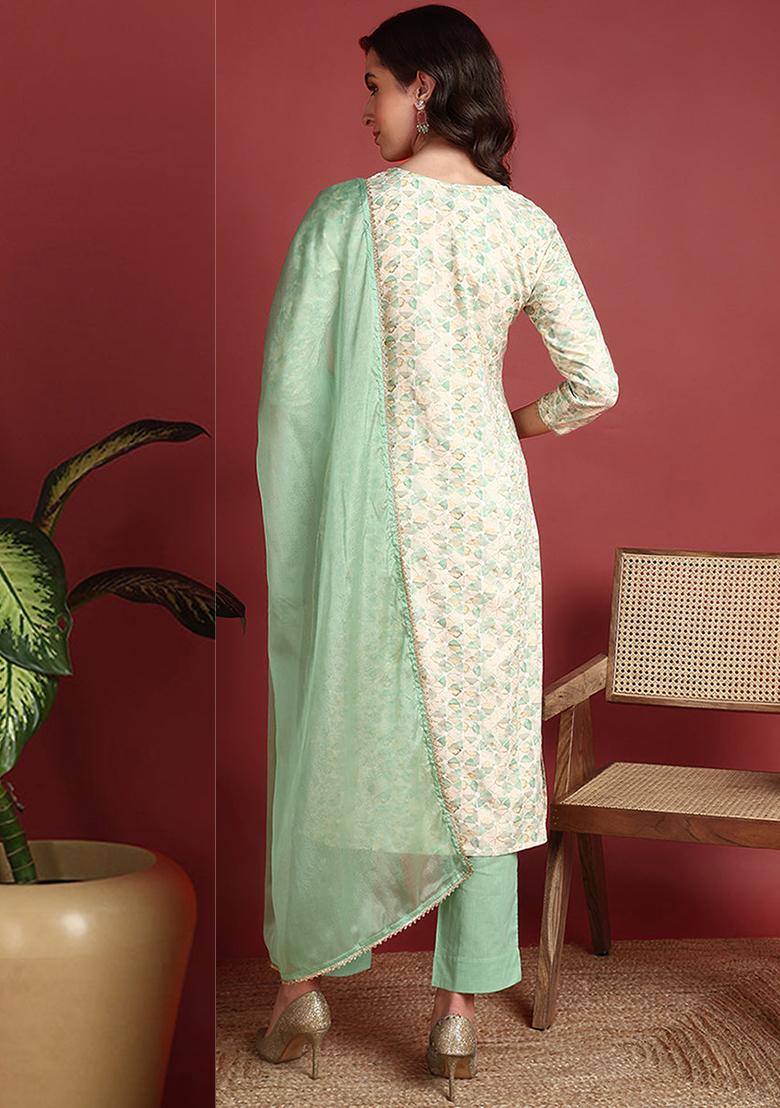 Green Embroidered Viscose Rayon Kurta Set