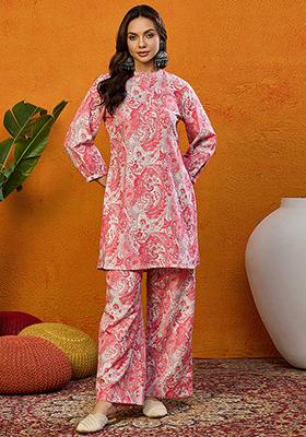 Pink Printed Rayon Blend Kurta Set
