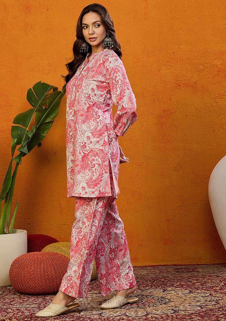 Pink Printed Rayon Blend Kurta Set